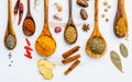 Various herbs and spices in wooden spoons. Flat lay of spices in