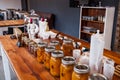 Various home-made produce for sale in Empty coffee shop cafe and bakery