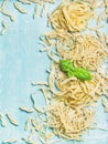 Various homemade fresh Italian pasta with flour and basil Royalty Free Stock Photo