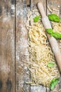 Various homemade fresh uncooked Italian pasta with flour, basil Royalty Free Stock Photo