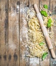 Various homemade fresh uncooked Italian pasta and plunger Royalty Free Stock Photo