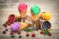 Various homemade fruit ice cream in the cone