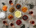 Various Homemade Jam or Pozzy with Tea and Sliced Lemon