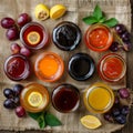 Various Homemade Jam Set, Pozzy Big Collection with Tea and Sliced Lemon on Rustic Tablecloth