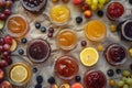 Various Homemade Jam Set, Pozzy Big Collection with Tea and Sliced Lemon on Rustic Tablecloth