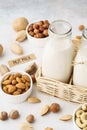 Various homemade nut milk and ingredients. Alternative milk