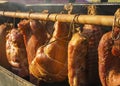 Various homemade smoked meat during smoking process Royalty Free Stock Photo