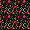 Various hot peppers watercolor seamless pattern isolated on dark. Royalty Free Stock Photo