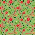 Various hot peppers watercolor seamless pattern isolated on green. Royalty Free Stock Photo