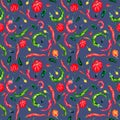 Various hot peppers watercolor seamless pattern isolated on grey. Royalty Free Stock Photo