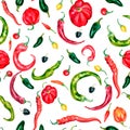 Various hot peppers watercolor seamless pattern isolated on white. Royalty Free Stock Photo