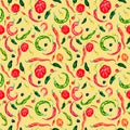 Various hot peppers watercolor seamless pattern isolated on yellow. Royalty Free Stock Photo