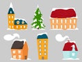 Various houses in the snow. Flat design. Hand drawn trendy illustration. Set of vector isolates on a gray background.