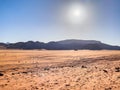 Various Huge Rock Formations in Wadi Rum Desert in Jordan under the hot bright sun Royalty Free Stock Photo