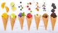 Various of ice cream flavor in cones blueberry ,lime ,pistachio ,almond ,orange ,chocolate ,vanila and coffee setup on shappy Royalty Free Stock Photo