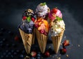 Various of ice cream flavor in cones blueberry ,strawberry ,pistachio ,almond ,orange and cherry setup on dark stone background . Royalty Free Stock Photo