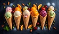 Various of ice cream flavor in cones blueberry ,strawberry ,pistachio ,almond ,orange and cherry setup
