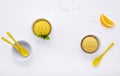 Various of ice cream flavor lemon and orange set up on white wooden background . Royalty Free Stock Photo