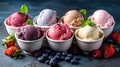 Various of ice cream flavor whit fresh blueberry, strawberry, kiwi, lemon, vanilla setup on beach background . Summer cold ice Royalty Free Stock Photo