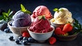 Various of ice cream flavor whit fresh blueberry, strawberry, kiwi, lemon, vanilla setup on beach background . Summer cold ice Royalty Free Stock Photo