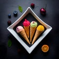 various ice cream flavors in cones