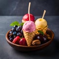 Various ice cream flavors in cones with fruits - AI Generated