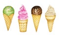 Various ice-cream scoops decorated with chocolate in waffle cone. Watercolor illustration isolated assorted balls of Royalty Free Stock Photo