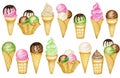 Various ice cream scoops decorated with chocolate in waffle cone. Watercolor illustration isolated assorted balls of Royalty Free Stock Photo