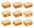 Various icon collection of meat and vegetable sandwiches. Two pieces of bread. Sweet tasty breakfast or fast food. Flat vector Royalty Free Stock Photo