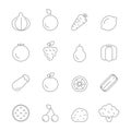 Various icons of fruits and vegetables. Vector linear pictures