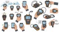 Various illustrations depict the use of avalanche transceivers, essential for locating Royalty Free Stock Photo