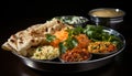 various indian food dish on thali on dark background generative AI Royalty Free Stock Photo