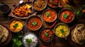 Various Indian food on wooden table surved with spices and vegetables