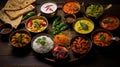 Various Indian food on wooden table surved with spices and vegetables