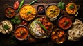 Various Indian food on wooden table surved with spices and vegetables