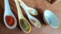 Various Indian spices in a ceramic spoons
