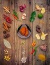 Various of Indian spices and herbs. Cooking ingredients and red Royalty Free Stock Photo