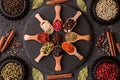 Various spices in wooden spoons on dark stone table. Royalty Free Stock Photo