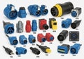 Various industrial electrical connectors of different sizes and configurations are displayed Royalty Free Stock Photo