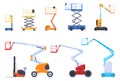 Various industrial mechanical lifts scissors lift platform basket collection vector illustration