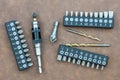 Various interchangeable screwdriver bits with magnetic bit holder Royalty Free Stock Photo