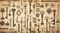 Assorted Vintage Keys Hanging on a Wall. Generative AI Royalty Free Stock Photo