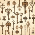 Assorted Vintage Keys Hanging on a Wall. Generative AI Royalty Free Stock Photo