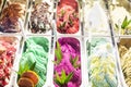 Various italian gelato ice cream flavours in modern shop display Royalty Free Stock Photo