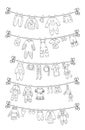 Various items of baby clothes on rope isolated coloring vector illustration. Laundry held by plastic pegs drying.