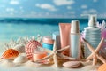 Various items scattered on a sandy beach with a seascape backdrop. Generative AI Royalty Free Stock Photo