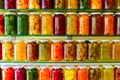 Various jars with Home Canning Fruits and Vegetables jam on glass shelves Royalty Free Stock Photo