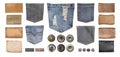Various jeans parts on white Royalty Free Stock Photo
