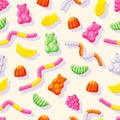 Various jelly candies bears, worms, bananas seamless pattern. Sweet vector background.