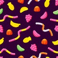 Various jelly candies seamless pattern on a dark background. Useful gummi sweets. Vitamins. Vector illustration. Royalty Free Stock Photo